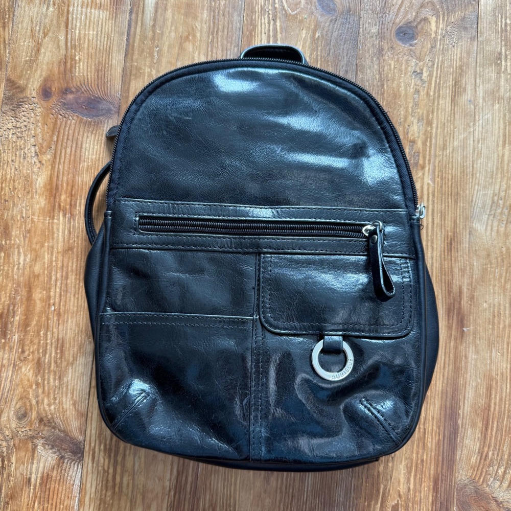 Aurielle Black Leather Mini Backpack Purse Silver Hardware Multi Pocket Travel